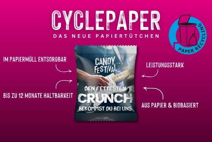CyclePaper Papiertütchen für Süßigkeiten – nachhaltige Verpackung aus Papier und biobasierten Rohstoffen, recyclebar, leistungsstark, bis zu 12 Monate haltbar